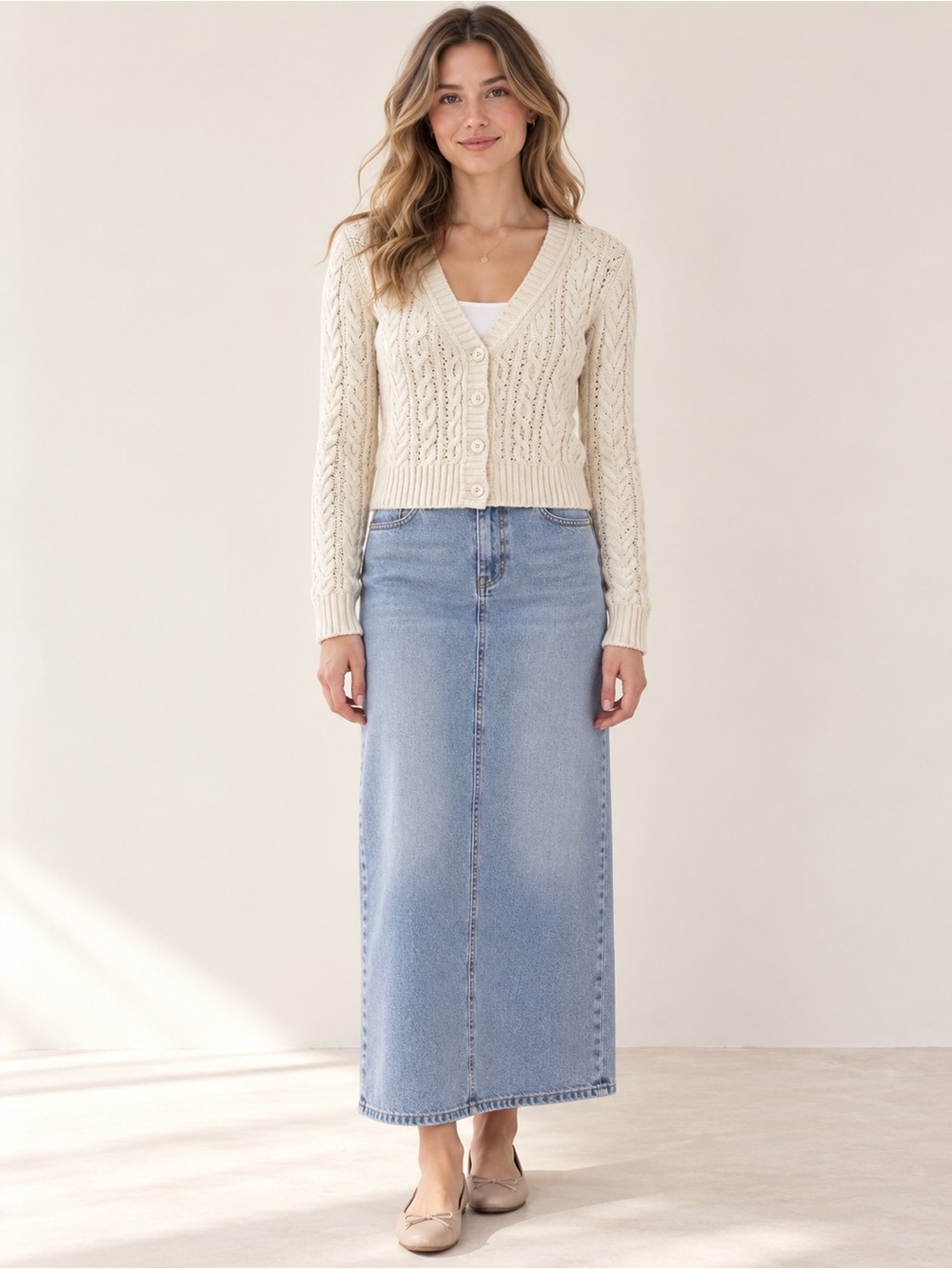 American Eagle Outfitters Cream Cable Knit Cropped Cardigan